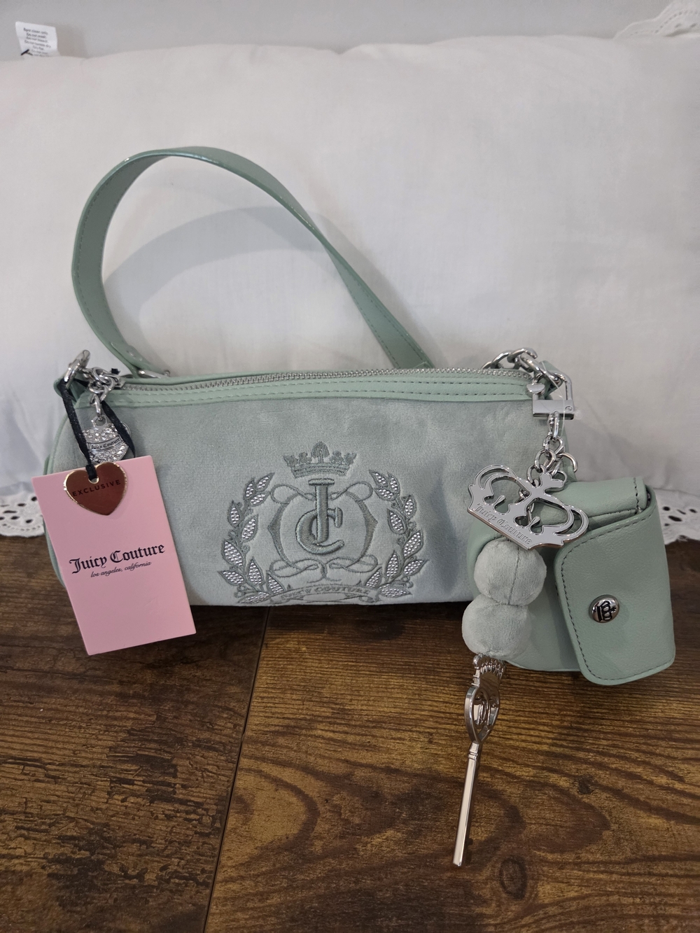 Juicy Couture Mint Green Mini Shoulder Bag with Crest and Charm